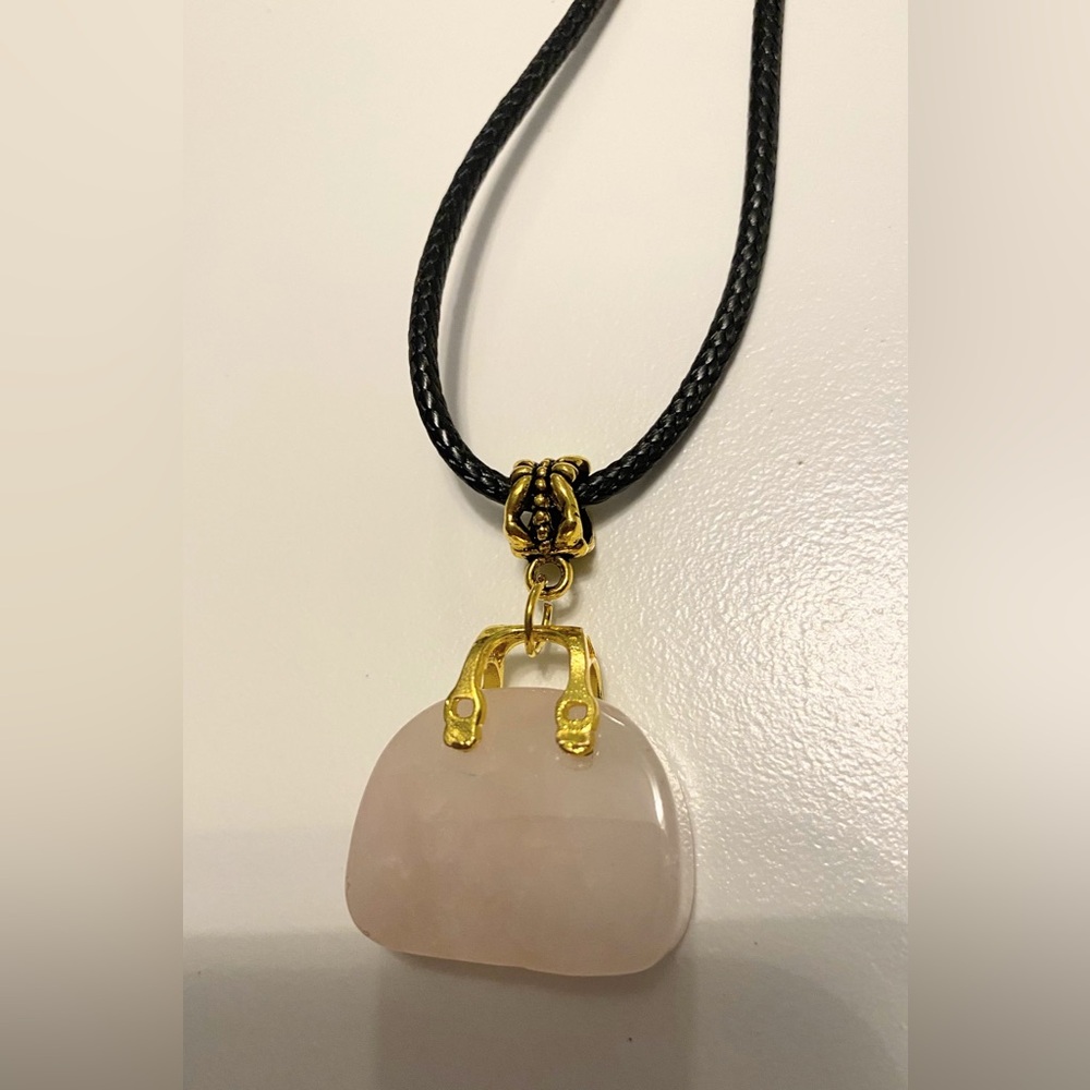 Rose Quartz Handbag Pendant Necklace with Black Cord